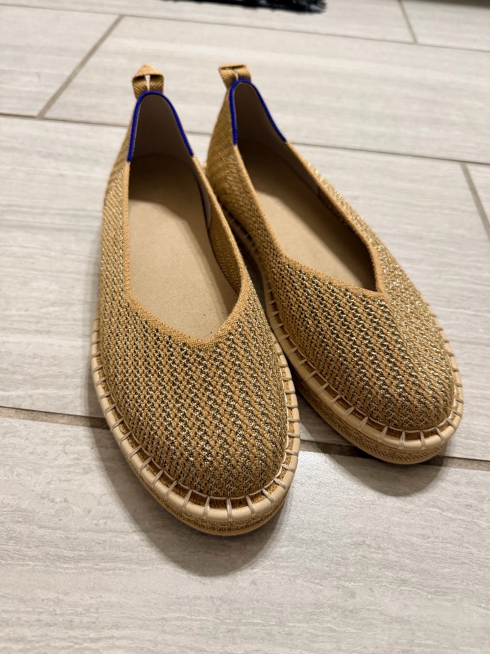 Rothy's Tan Espadrille Flats with Blue Trim